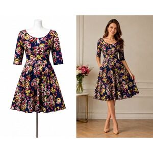 Unique Vintage Navy Floral Fit-and-Flare Midi Dress